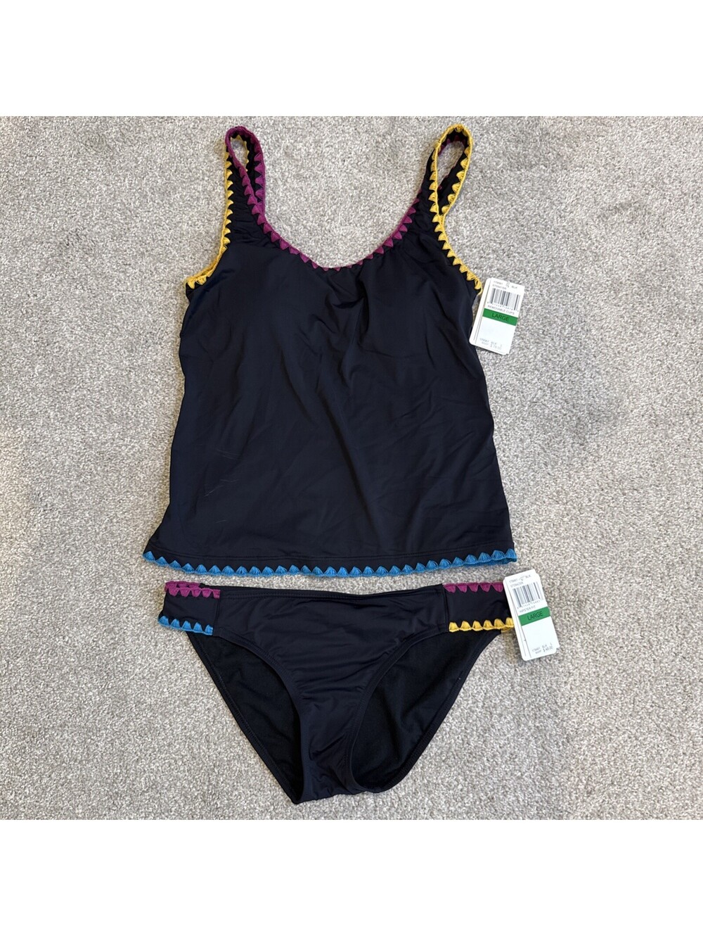 Lucky Brand Tankini Size L Black With Colorful Edges Boho Vibes